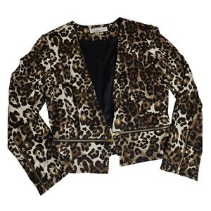 Kelly & Diane Leopard Print Blazer Jacket Gold Zipper Accents Brown Tan Size 8